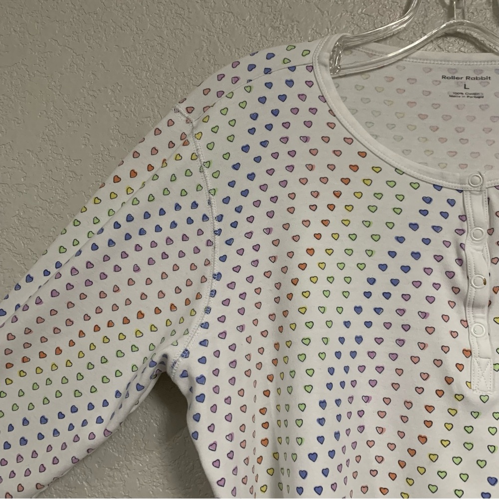 Roller Rabbit Pajama PJ Top Womens L Disco Hearts Henley 3/4 Sleeve Rainbow - Picture 4 of 15
